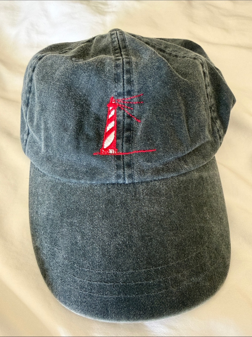 Classic Washed Black Denim Baseball Cap with Red Lighthouse Embroidery